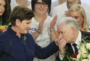 Conservative Law and Justice leader Jaroslaw Kaczynski kisses hand Justice candidate for the Prime Minister Beata Szydlo, left, at the party's headquarters in Warsaw, Poland, on Sunday, Oct.25, 2015. The victory of his Eurosceptic party ends eight years in power of pro-EU, pro-business Civic Platform which voters accuse of being conformist, detached and focused on power rather than on improving the living in Poland.(AP Photo/Czarek Sokolowski)